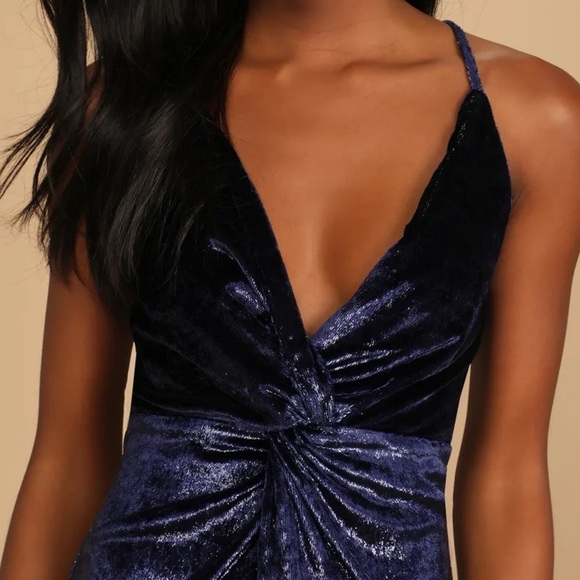 Navy Blue Velvet Sleeveless Mini Dress - Picture 3 of 5
